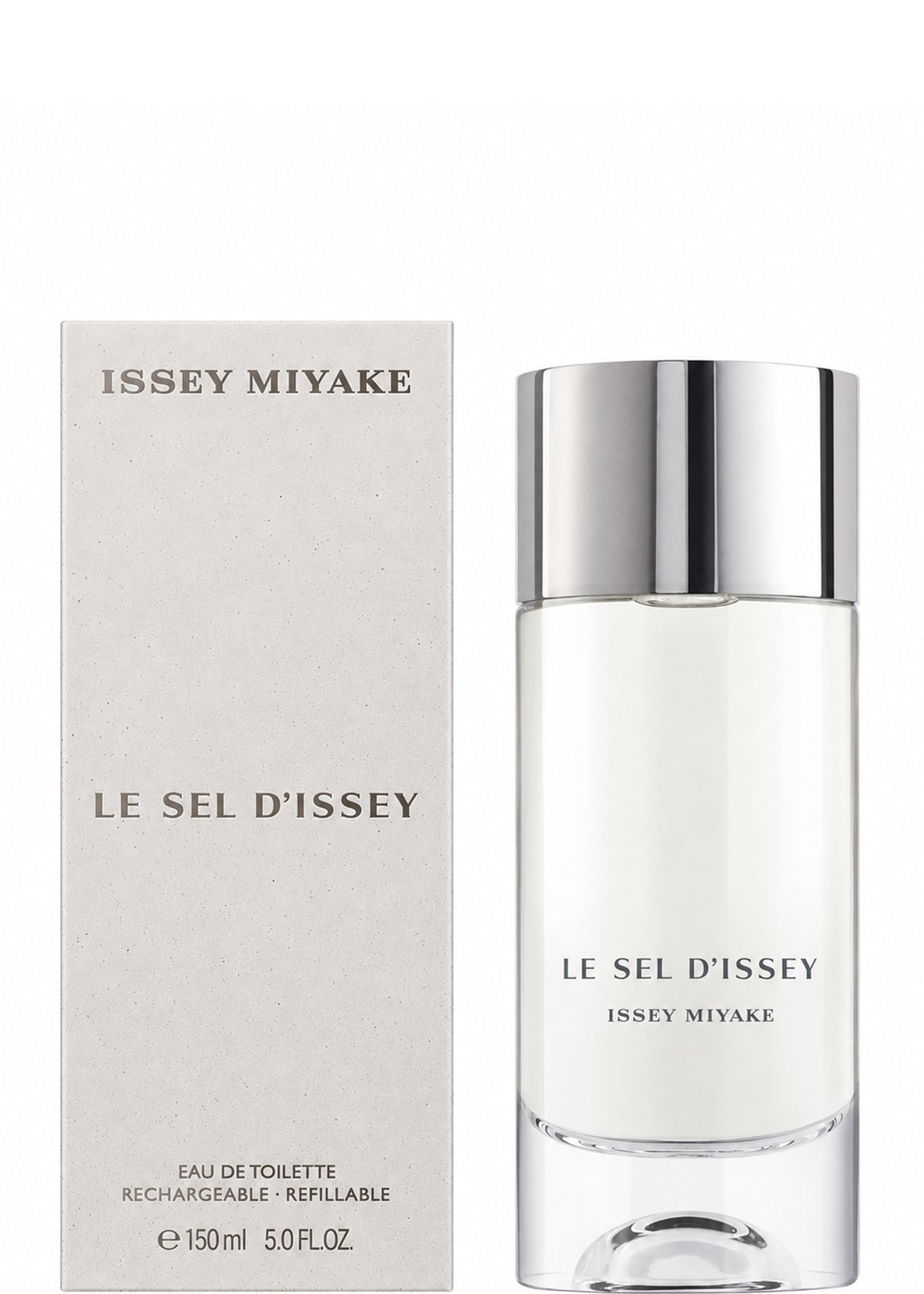 Zoomed view A bottle of ISSEY MIYAKE PARFUMS LE SEL EAU DE TOILETTE 150mL, a refined salt-inspired eau de toilette, is displayed beside its coordinating beige box, both adorned with understated silver text and minimalist design.
