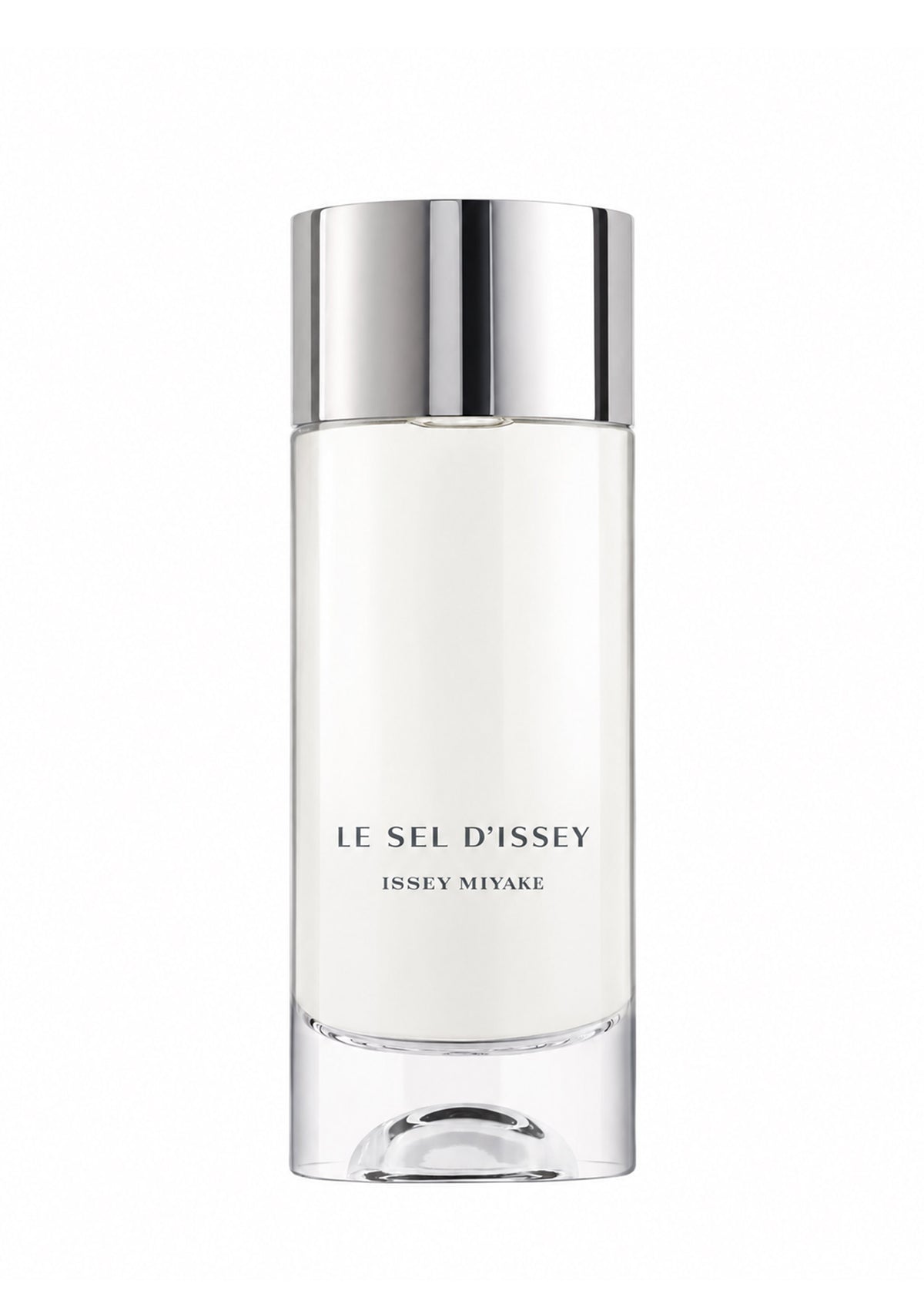 Zoomed view A clear glass bottle of LE SEL EAU DE TOILETTE 150mL by ISSEY MIYAKE PARFUMS, featuring a shiny silver cap, stands against a plain white background—an elegant presentation for this sophisticated marine fragrance. - 150ML