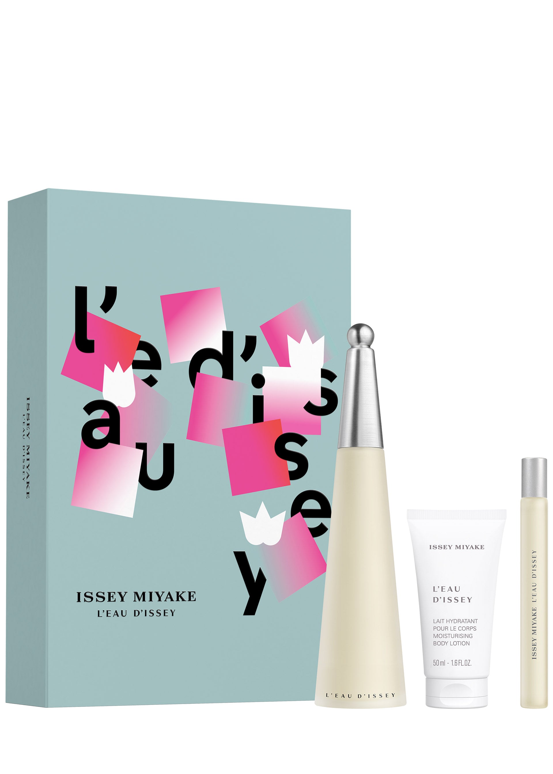 Zoomed view The L'EAU D'ISSEY MOTHER'S DAY COFFRET by ISSEY MIYAKE PARFUMS is a limited-edition gift set featuring the iconic aquatic floral scent, presented in a light blue box with pink and white designs, including perfume, body lotion, and travel spray. - -