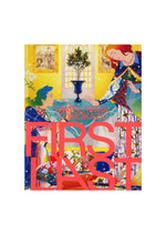 A vibrant artwork by Tomokazu Matsuyama features two figures in a lively, colorful room, embodying the energetic essence of contemporary art. Bold pink text displays the title “Matsuyama Tomokazu: FIRST LAST,” published by ISSEY MIYAKE BOOKS. - - (no.01)