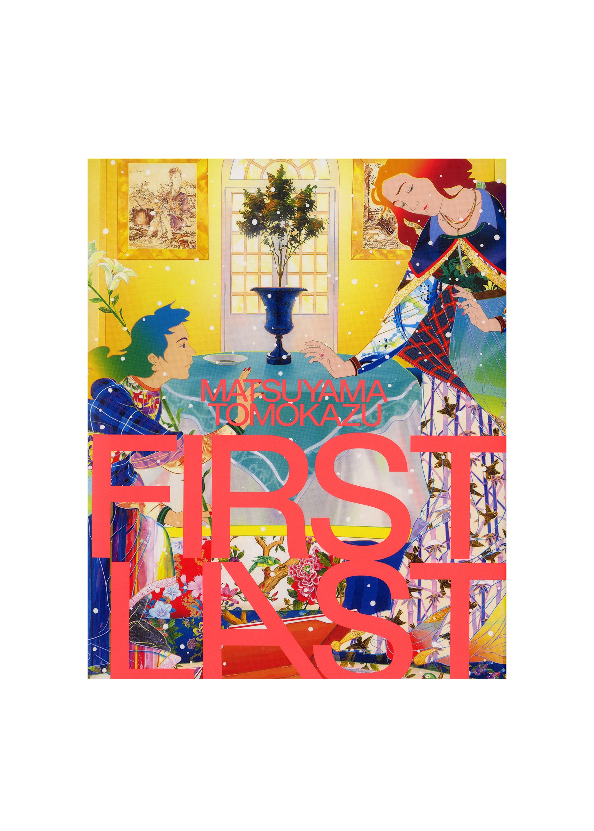 Zoomed view A vibrant artwork by Tomokazu Matsuyama features two figures in a lively, colorful room, embodying the energetic essence of contemporary art. Bold pink text displays the title “Matsuyama Tomokazu: FIRST LAST,” published by ISSEY MIYAKE BOOKS. - - (no.01)