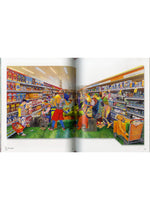 Vibrant illustration of shoppers in a bustling grocery store aisle, with shelves lined with diverse food items and a brimming cart up front—evoking everyday scenes through the dynamic contemporary art style seen in Matsuyama Tomokazu: FIRST LAST from ISSEY MIYAKE BOOKS, as featured at Azabudai Hills Gallery.