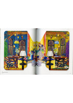 A vibrant, colorful living room collage unfolds across two pages, featuring bold yellow, blue, and green walls, ornate windows, patterned furniture, twin table lamps, and eclectic decor—all inspired by contemporary art. The mirrored composition at the center reflects the dynamic style found in Tomokazu Matsuyama’s work from the book “Matsuyama Tomokazu: FIRST LAST” by ISSEY MIYAKE BOOKS.