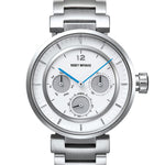 The ISSEY MIYAKE WATCH W mini by Satoshi Wada is a silver wristwatch with a white, gauge-inspired dial, three subdials, blue second hand, silver hour and minute hands, stainless steel band, and minimalist design by Japanese automotive designers.