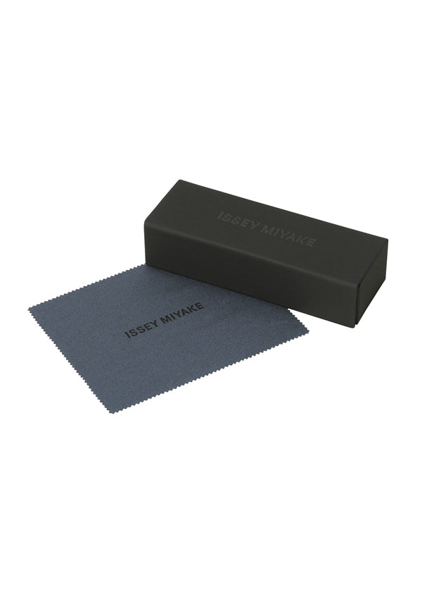 A black rectangular case for PANT Ⅲ titanium sunglasses and a gray cleaning cloth, both embossed with the ISSEY MIYAKE EYES brand name. view 5 of 5