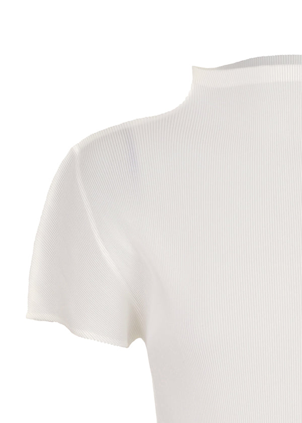 Zoomed view Close-up of MIST BASICS by PLEATS PLEASE ISSEY MIYAKE—a white ribbed short-sleeve top with soft styling and delicate 1mm pleats on the shoulder, sleeve, and upper chest, showcasing fine vertical textured lines.