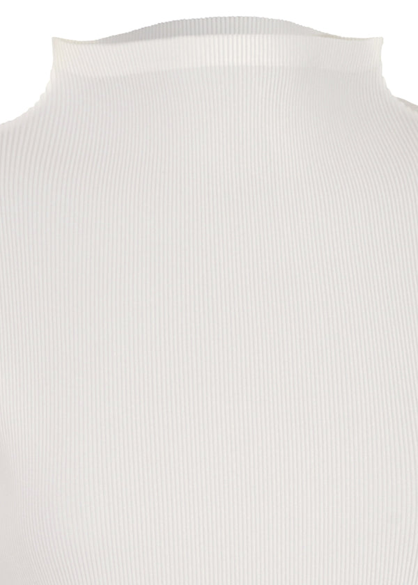 Close-up of the MIST BASICS top by PLEATS PLEASE ISSEY MIYAKE, featuring white ribbed fabric with 1mm pleats and vertical textured lines curving along the high neckline. view 4 of 6