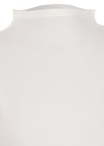 Close-up of the MIST BASICS top by PLEATS PLEASE ISSEY MIYAKE, featuring white ribbed fabric with 1mm pleats and vertical textured lines curving along the high neckline.