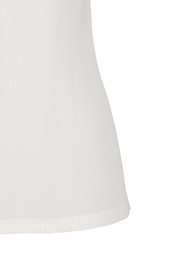Close-up of the lower half of the PLEATS PLEASE ISSEY MIYAKE MIST BASICS white ribbed sleeveless top with 1mm pleats, fitted silhouette, and gently flared hem—perfect for those seeking soft tops, shown against a plain background. view 5 of 6