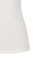 Close-up of the lower half of the PLEATS PLEASE ISSEY MIYAKE MIST BASICS white ribbed sleeveless top with 1mm pleats, fitted silhouette, and gently flared hem—perfect for those seeking soft tops, shown against a plain background.