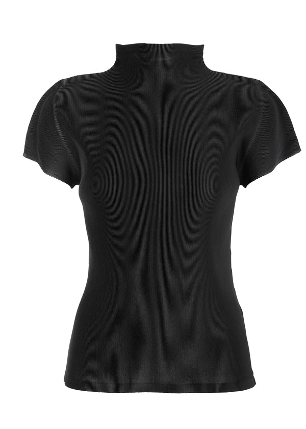 Zoomed view The MIST BASICS top by PLEATS PLEASE ISSEY MIYAKE is a black, short-sleeve, ribbed knit with 1mm pleats, a mock neck, and a fitted silhouette, shown against a plain white background. - BLACK （no.15)
